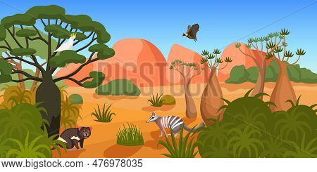 Australian Wildlife Landscape With Animals And Birds Among Tropical Trees And Plants Flat Vector Ill