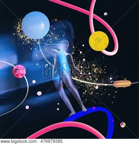 Futuristic Young Man Levitating In Space Near Planets With Abstract Shapes Over Dark Background. Sci