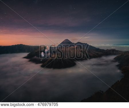 Million Stars With Wonderful Sky At Sunrise Over Mount. Bromo At Bromo Tengger Semeru National Park,