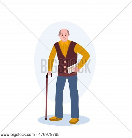 Old Man With Cane Illustration. Man, Pensioner, Stick, Newspaper. Editable Vector Graphic Design.