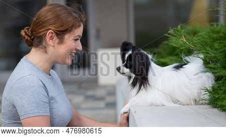 Caucasian Red-haired Woman Cuddling With Pappilion Dog Outdoors. Black And White Continental Spaniel