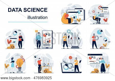 Data Science Concept With Character Situations Mega Set. Bundle Of Scenes People, Making Science Res