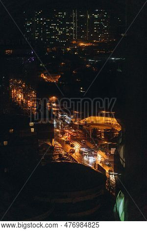 Odessa, Ukraine - March 15, 2023: Night Dark Aerial View Of Gagarin Hotel.   Arkadia Resort District