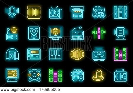 Radio Room Icons Set Outline Vector. Studio Record. Audio Music Neon Color On Black