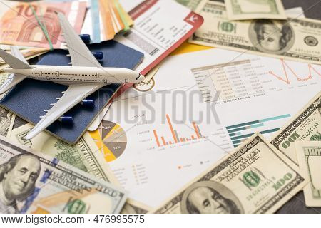 Toy Plane On Euro Cash Background, Travel With Airplane. Conceptual Image Of The Price Of Airline Ti