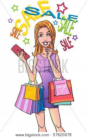 Smiling Woman Holding Shopping Bags And Dreaming