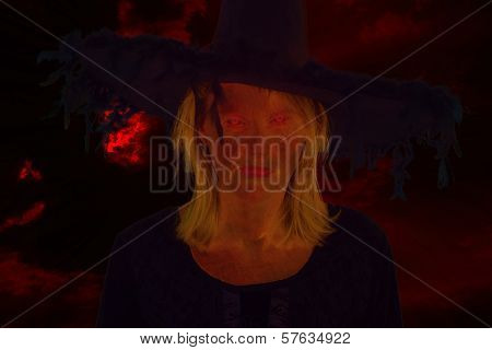 Dark Witch In Front Of Drastic Black Bloody Sky