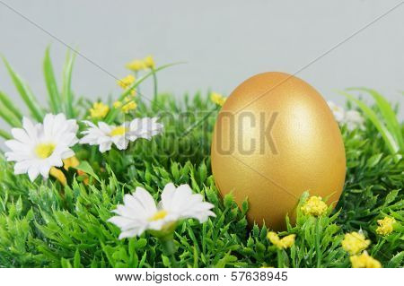 Egg On A Green Artificial Grass With White Flowers