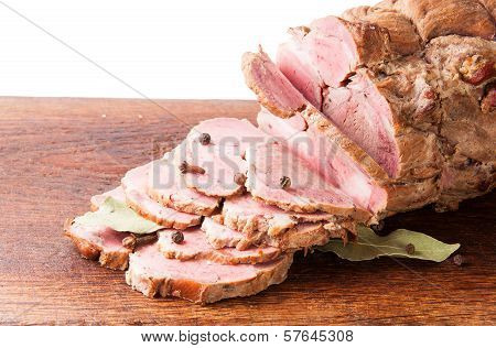 Chopped Boiled Pork On Wooden Board With Spices