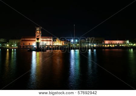 Rhodes Island Landmark, Mandraki Port, Greece. The Historical Port Is Still Used Today As A Marina B