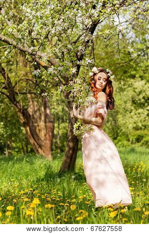 beautiful young sexy girl with red hair near flowering tree Apple orchard standing in a pink dress