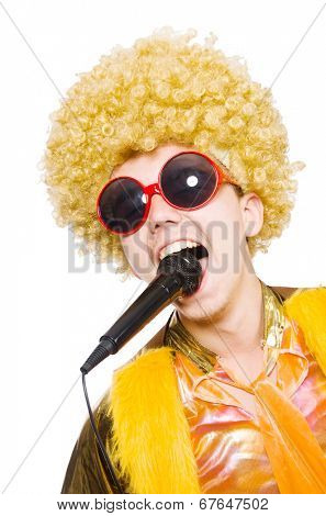 Man with afrocut and mic isolated on white