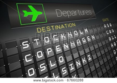 Digitally generated black departures board for nordic cities