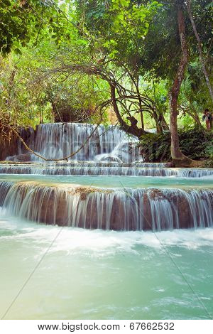 Kuangsi  Waterfall In Deep Forest In Laos
