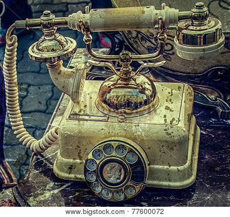 Old Photo With Old Telephone In Marble Casing