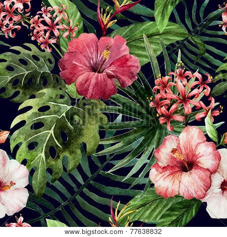 pattern orchid hibiscus leaves watercolor tropics