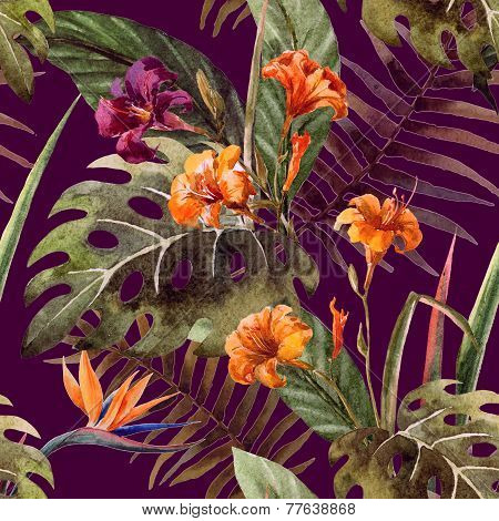 pattern orchid hibiscus leaves watercolor tropics