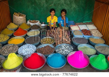 GOKARNA, KARNATAKA, INDIA - JANUARY 19, 2013: Unidentified boys sell dye powder and spices on the street market on January 19, 2013 in Gokarna, Karnataka, India. 