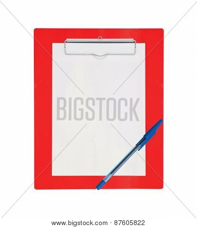 Clipboard With Blank Paper And Pen Isolated On White
