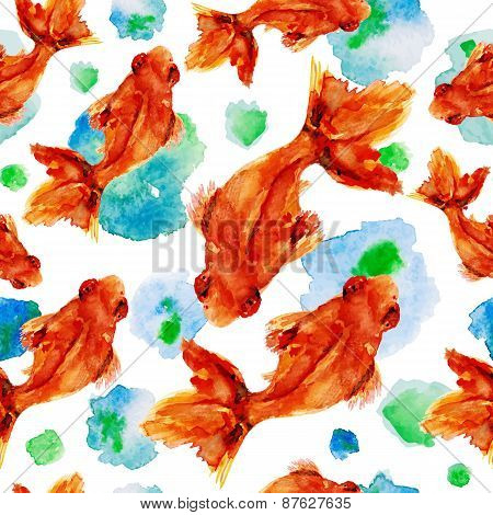 Seamless pattern watercolor goldfish.