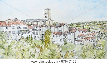Ink and Watercolour of Montolieu