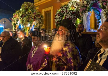 ATHENS, GREECE - APR 10, 2015: Unidentified people during the celebration of Orthodox Easter - Vespers on Great Friday (the Epitaphios in Greek served in Good Friday evening). 