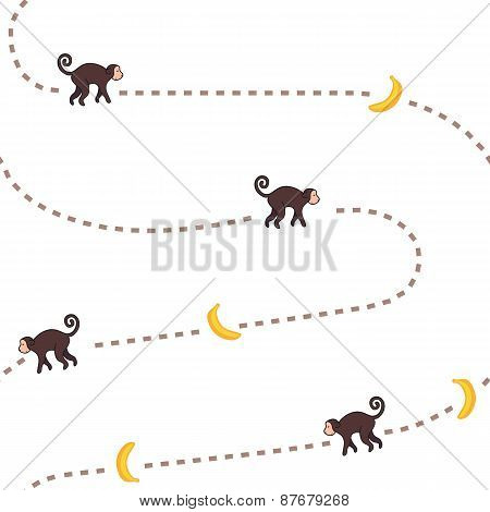 Funny monkey chasing bananas vector seamless pattern