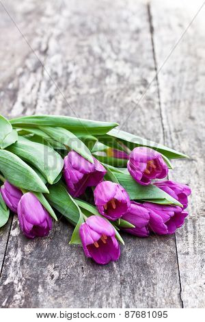 Bouquet Of Violet Tulips On The Oak Brawn Table
