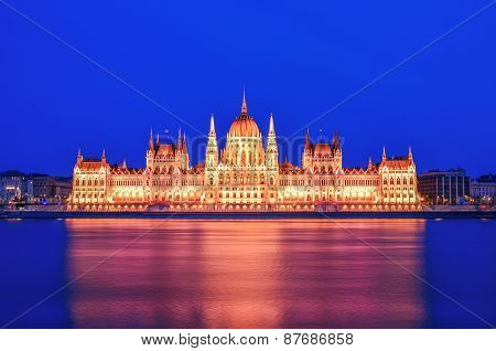 The Historical Building Of Hungarian Parliament During The Blue