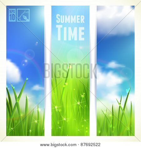 Set of Vertical Banners with Grass and Skies. Vector illustration, eps10, editable.