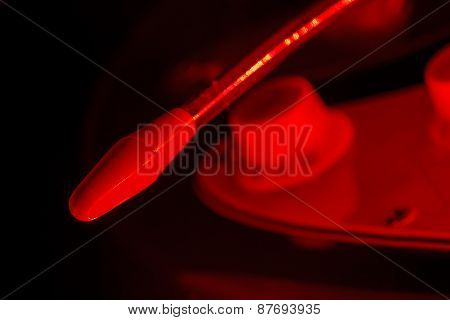 Whammy bar of an electric guitar in red light