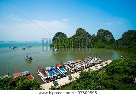 Beautiful seascape with boats in Halong bay