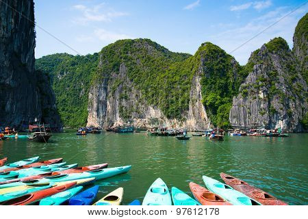 Beautiful seascape with boats in Halong bay