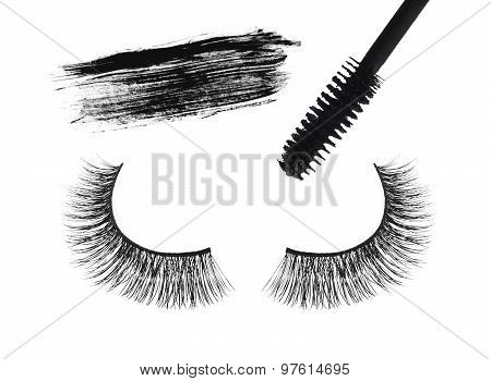 Black False Eyelash And Mascara Isolated On White Background