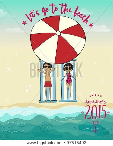 Let's Go to the Beach Summer Poster, featuring cute cartoon couple under red and white umbrella, on a sandy beach at the sea. Hand drawn, cartoon style vector illustration 
