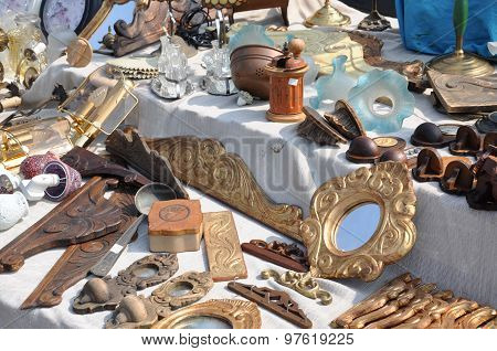 Flea market with old wooden items