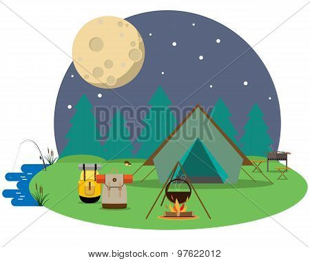 Tourists camped the night in the woods. Vector illustration