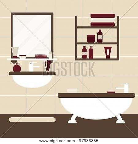 Modern bathroom interior design in brown, beige and burgundy colors. Flat bathroom elements.
