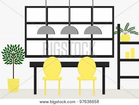 Modern dining room interior design with table, chairs, cupboard, flowerpot, lamps and window.