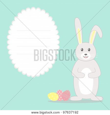 Easter greeting card with rabbit, eggs and frame