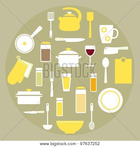 Modern kitchen stuff set elements in yellow, white and green colors.