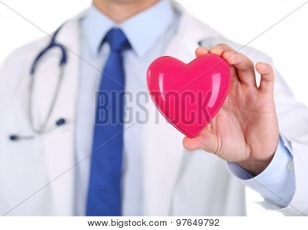 Male Medicine Doctor Hands Holding Red Toy Heart