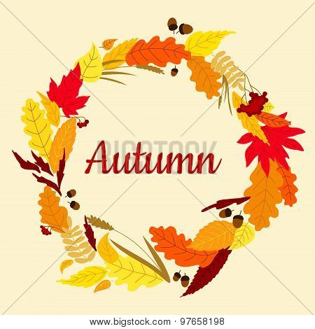 Autumn frame with acorns, viburnum and spikelets