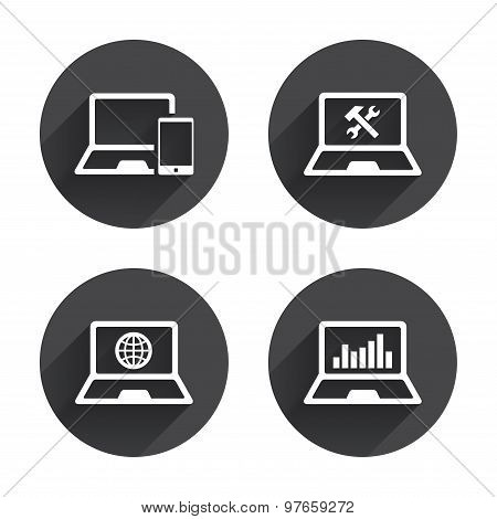 Notebook laptop pc icons. Repair fix service.