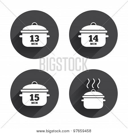 Cooking pan icons. Boil fifteen minutes.