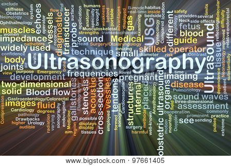 Background concept wordcloud illustration of ultrasonography USG glowing light