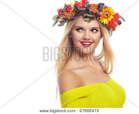 Slavic blonde girl in the flowers wreath