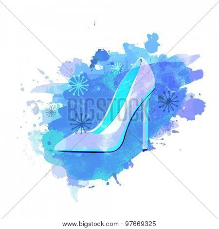 Illustration of women's accessories, High heels beautiful sandal on splash and snowflakes decorated background.