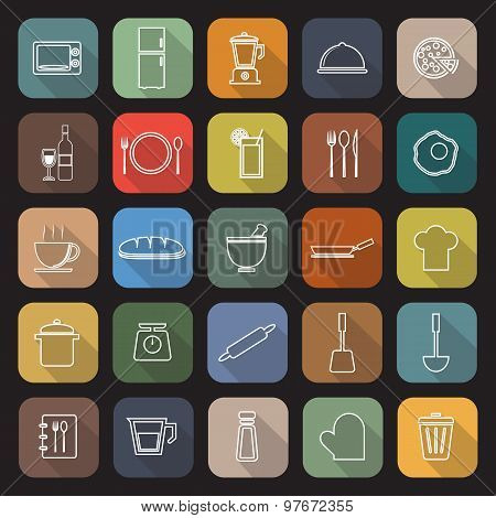 Kitchen Line Flat Icons With Long Shadow