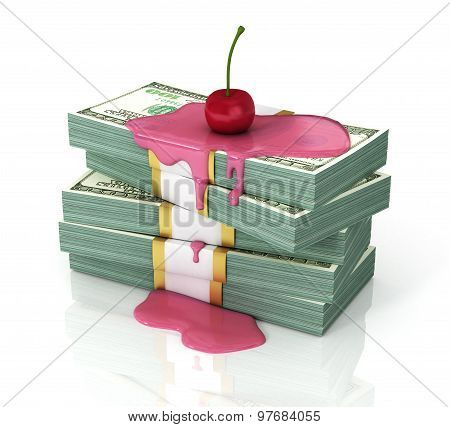 Stack Of Dollars Poured Syrup With A Cherry On Top. Concept Of Persent Or . Money Is Served!